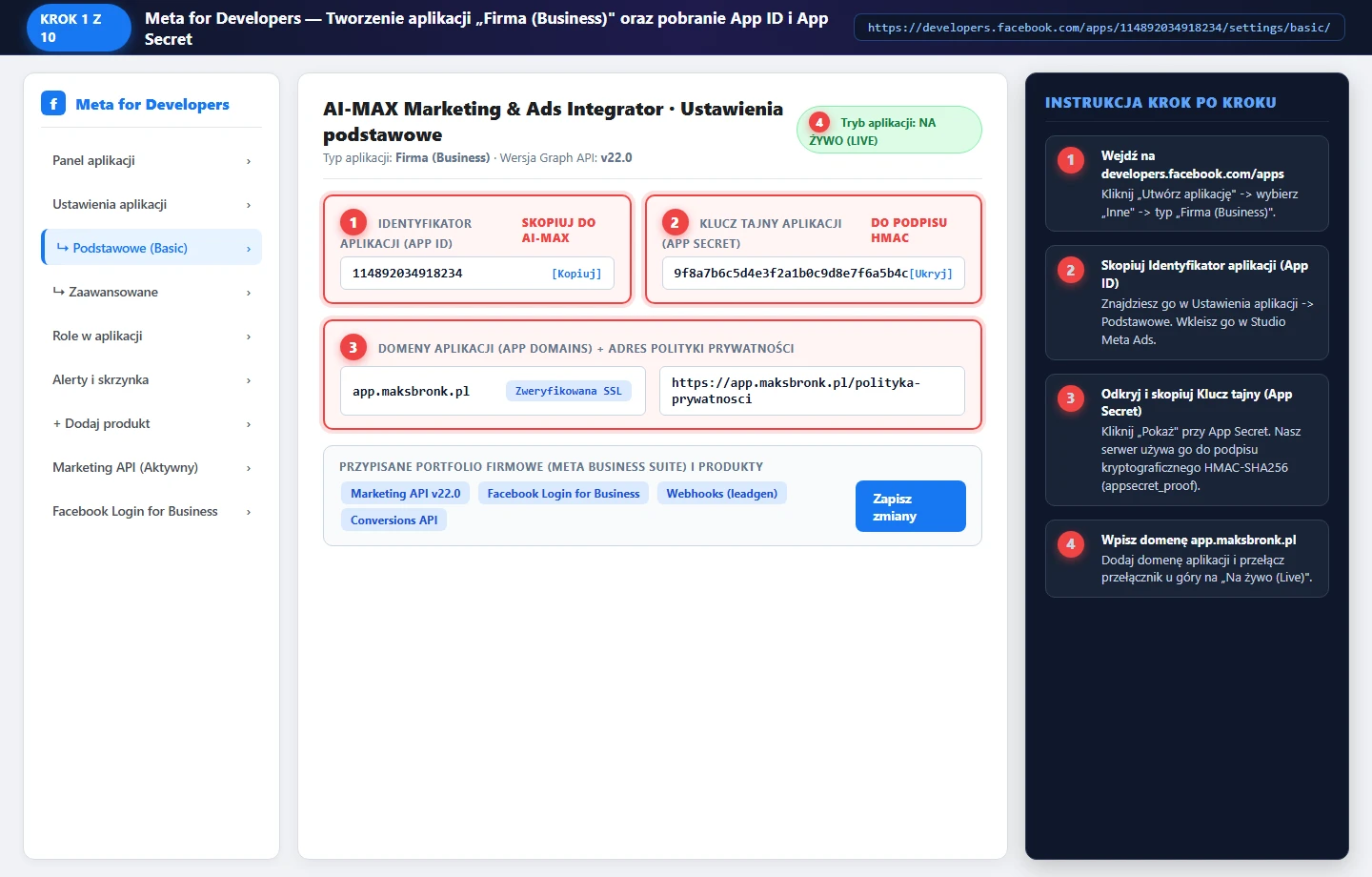 Krok 1 — Meta for Developers App ID i App Secret