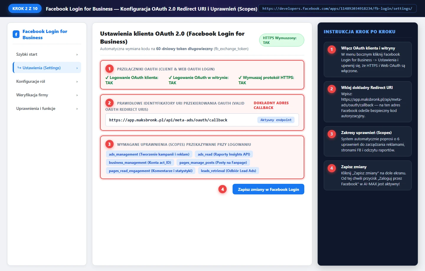 Krok 2 — Facebook Login OAuth Redirect URI