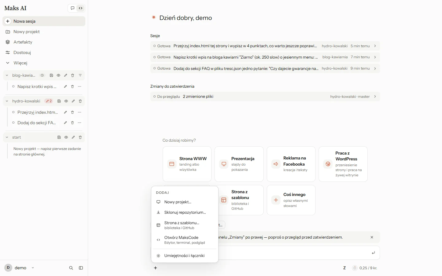 Menu Dodaj pod polem zadania: nowy projekt, klon repozytorium, strona z szablonu, MaksCode, umiejętności i łączniki