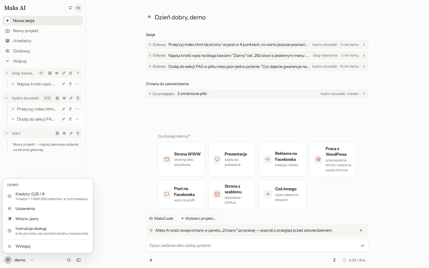 Menu konta: kredyty, ustawienia, motyw, instrukcja obsługi, wyloguj