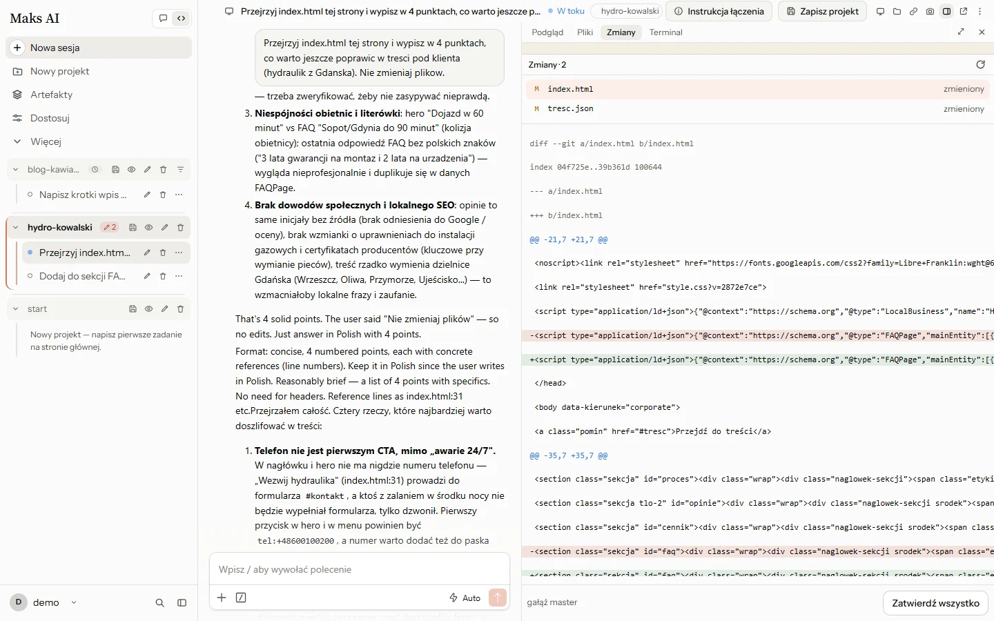 Panel Zmiany: lista zmienionych plików, różnice, gałąź, przycisk Zatwierdź wszystko